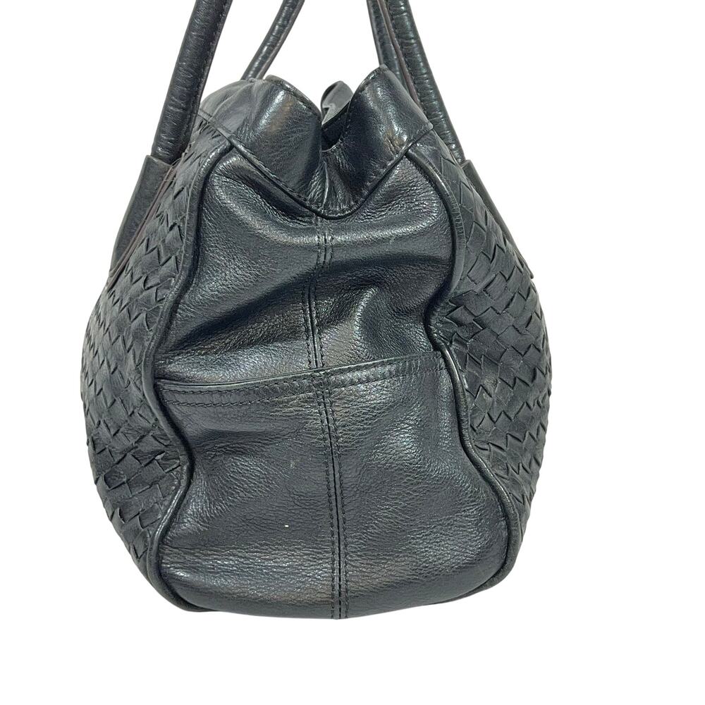 B. Makowsky Shoulder Tote Bag Purse Black Woven Braided Leather Leopard Lining - Picture 4 of 12